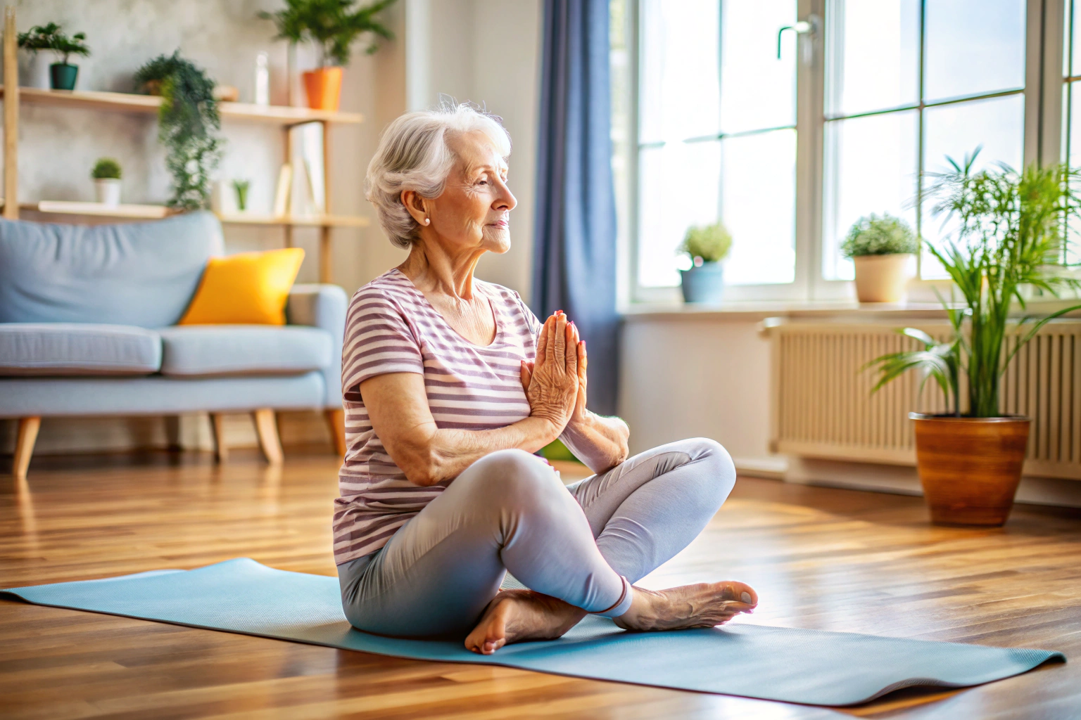 Elderly person practicing gentle yoga in a seated position on a mat, with soft natural light and a peaceful atmosphere, focusing on balance and relaxation