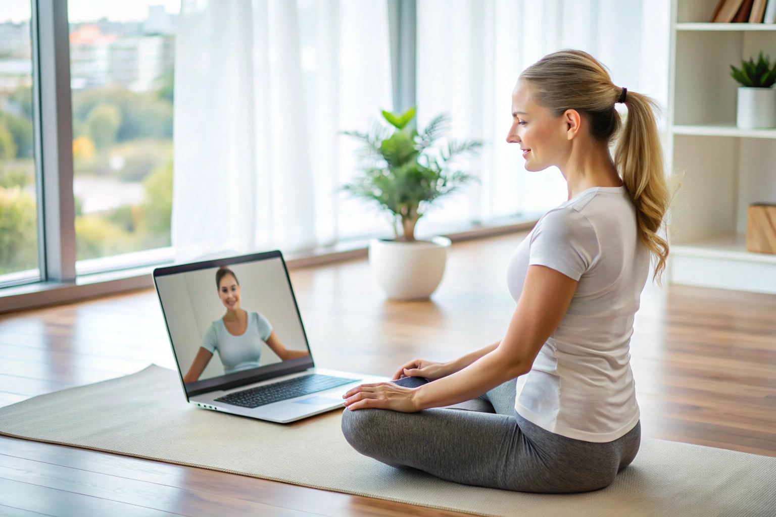 A person sitting at a desk with a laptop open, showing a video tutorial on yoga poses, with no text or logos visible, in a calm and focused environment
